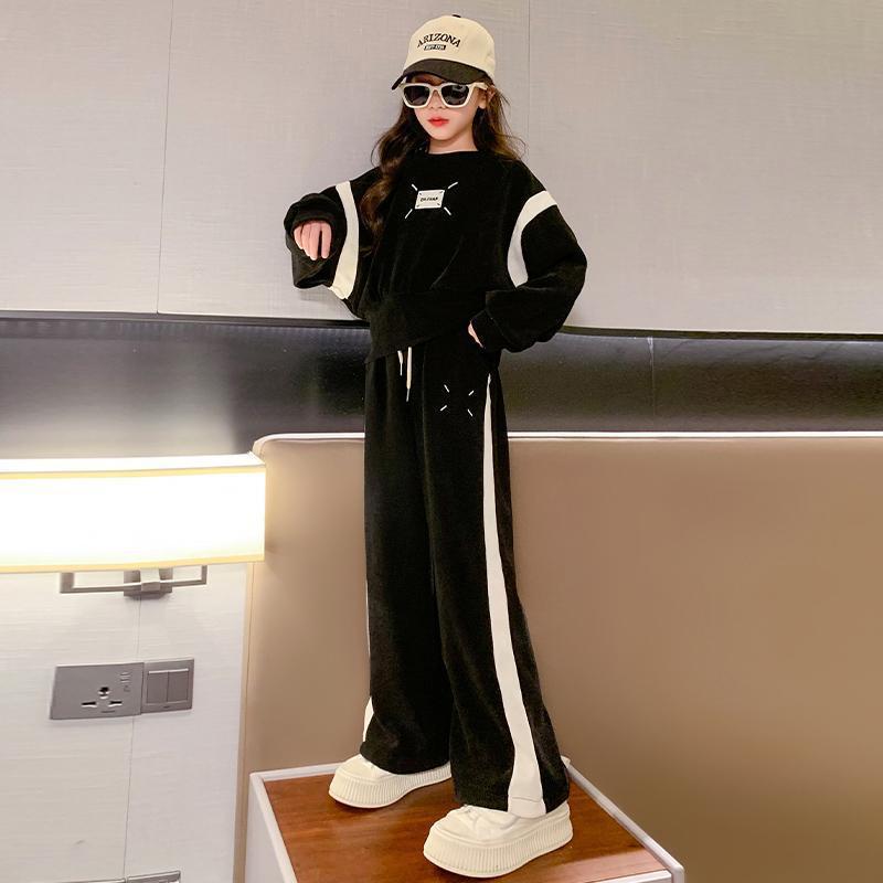 Kinder Mädchen Kleidung Sets Herbst Langarm Sweatshirt Breite Bein Hosen Kinder Kleidung Anzüge 6 8 10 12 14 Jahre 160 schwarz