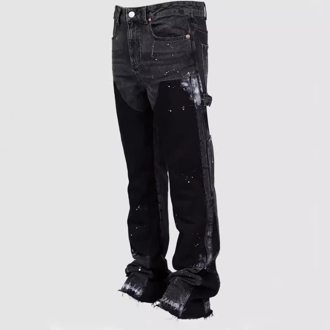 2024 Herrenmode Elastische Denim Patch Layered Schlaghose XL36 schwarz grau