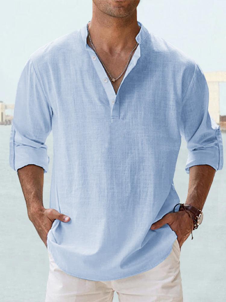 Neues Baumwoll-Hanf-Hemd, lockeres Herren-Freizeithemd, leichtes Langarm-Henry-Strandhemd, Hawaii-T-Shirt, große Herren-Straßenkleidung 5XL blau
