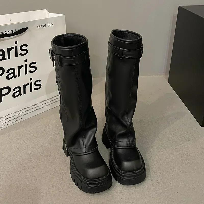 Mode Winter Damen Bikerstiefel Mode Gürtelschnalle Damen Elegant Plateau Lange Schaft Stiefeletten Lässige Damen Kniehohe Stiefeletten 35 schwarz