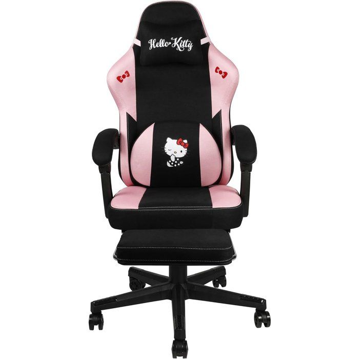 Gaming-Bürostuhl - KONIX - Hello Kitty - Sitzneigung 150° - Stoffbezug - Kissen - Fußstütze - Schwarz und Rosa
