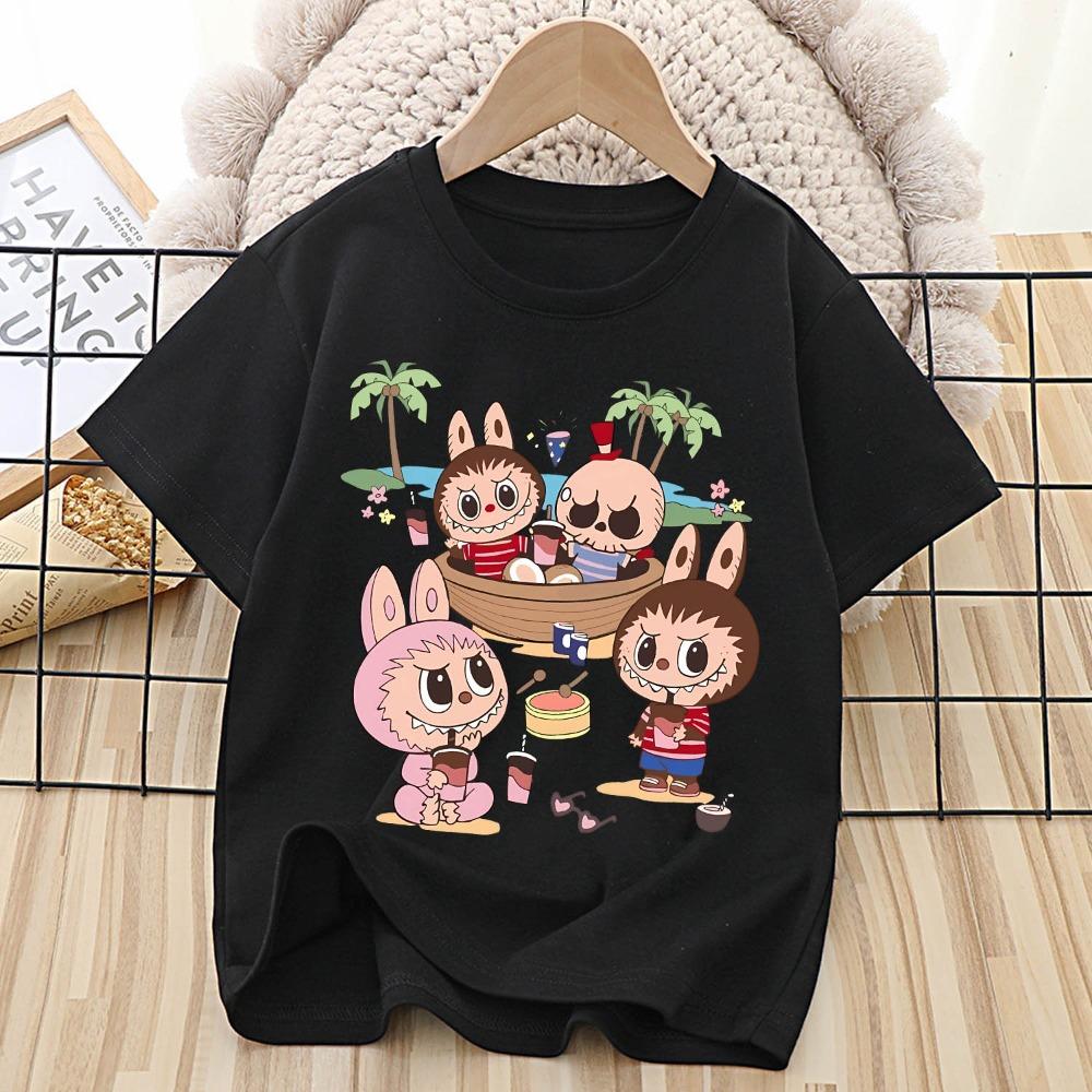 Labubu T-Shirt für Kinder Niedliches Cartoon Anime T-Shirt Top Schwarz Kurzarm Rundhals Kleidung Mode Kinder Sommerkleidung Geschenk 130