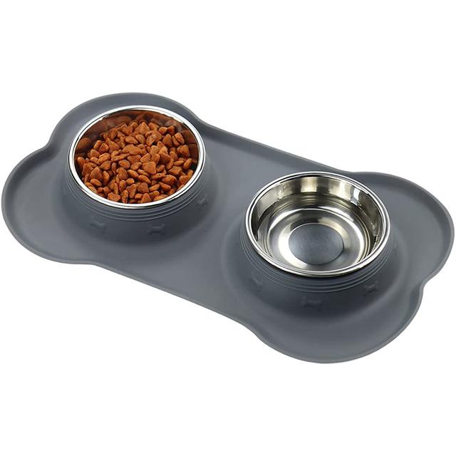Rutschfester doppelter Hundenapf mit Silikonmatte, langlebiger Wasser-/Futterspender aus Edelstahl, Futter-/Trinknäpfe für Haustiere für Hunde und Katzen S 36x21CM graue