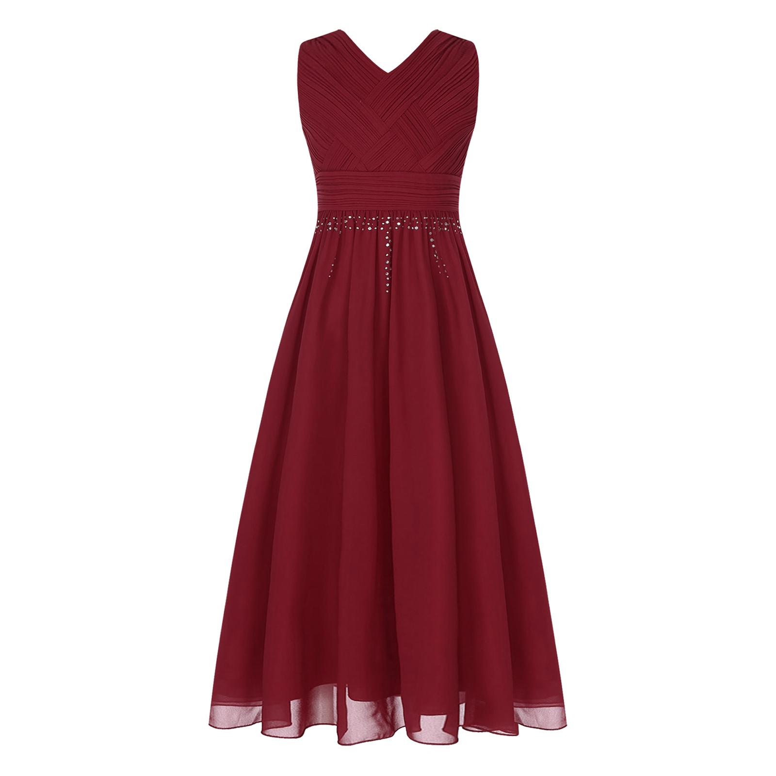 Glänzendes gerafftes verwobenes Chiffon-Kleid für Mädchen V-Ausschnitt ärmelloses Design Blumenmädchen langes Kleid Hochzeitsfeier Kleid 5-6 Years bordeaux
