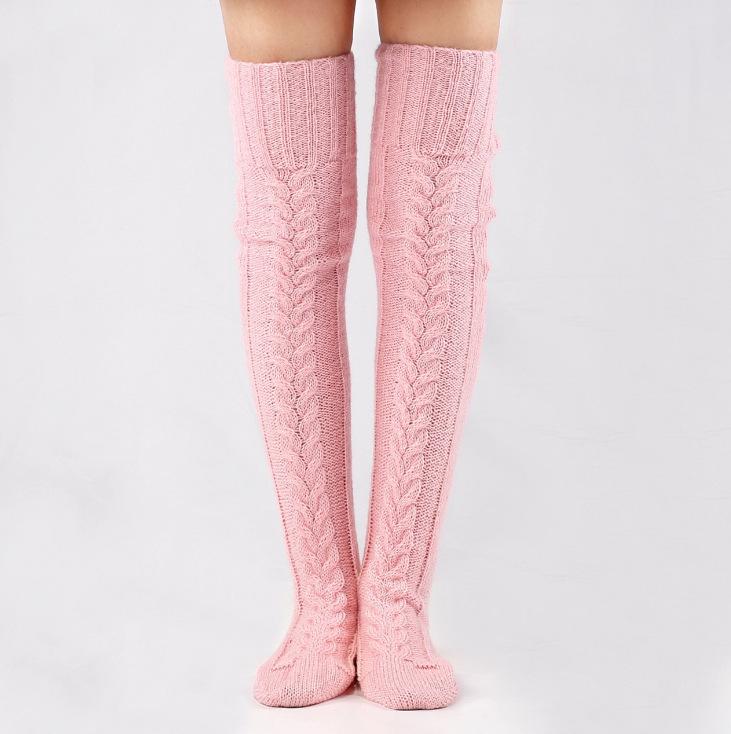 Frauen Warme Über Knie Socken Winter Stricken Oberschenkel-Hohe Strümpfe Warme Kawaii Geflochtene Gestrickte Lange Strümpfe Für Mädchen Frau One Size rosa