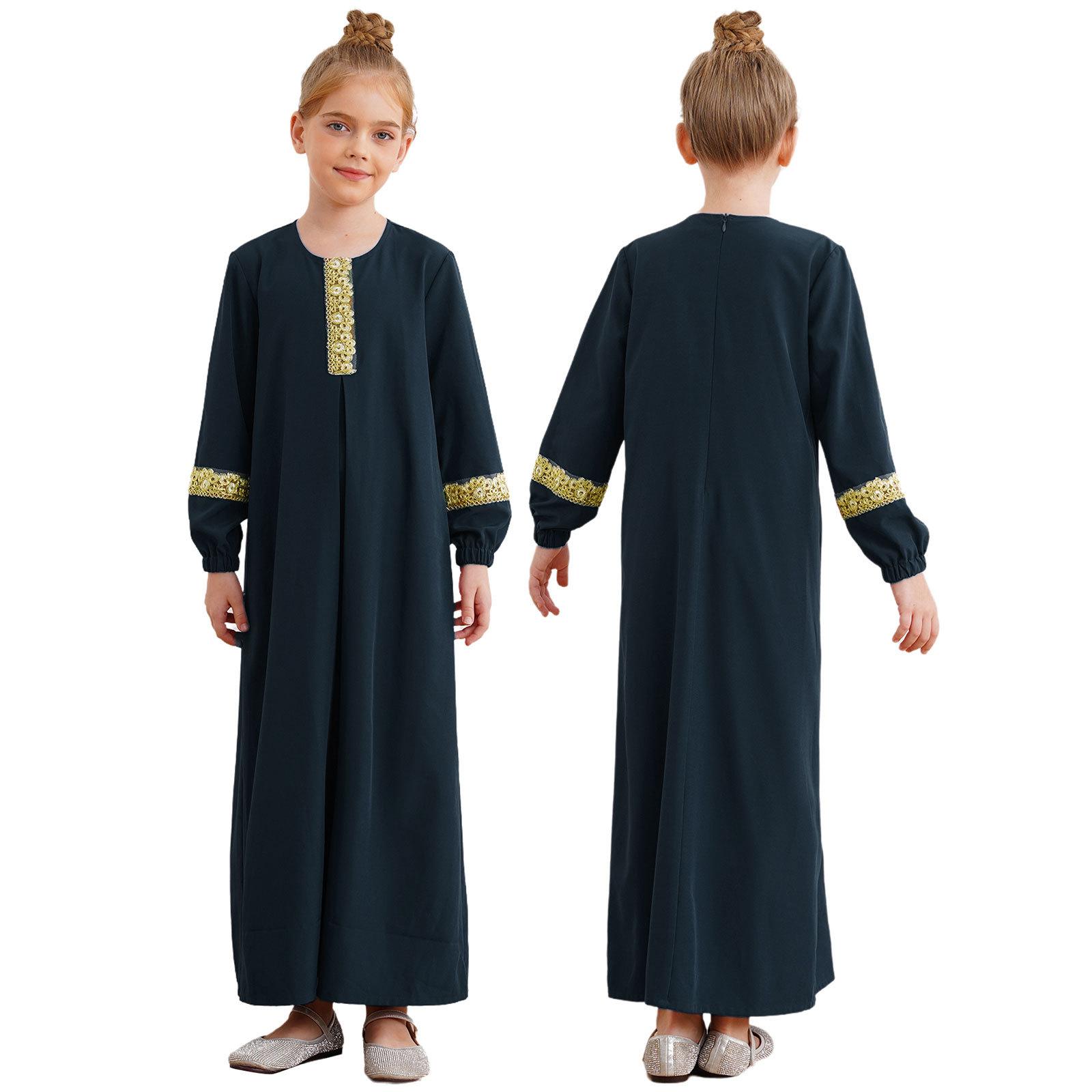 Mädchen Islamisches Abaya Kleid Langarm Rundhals Maxikleid Ramadan Maskerade Outfit 15-16 Years navy blau