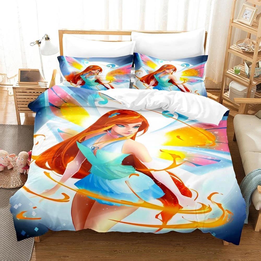 Winx Bettwäsche-Set, Einzelbett, Doppelbett, Queen-Size-Bett, King-Size-Bett, Bettbezug-Set für Erwachsene und Mädchen, Schlafzimmer, 3D-Druck, Anime, Kawaii EU Single 135x200cm