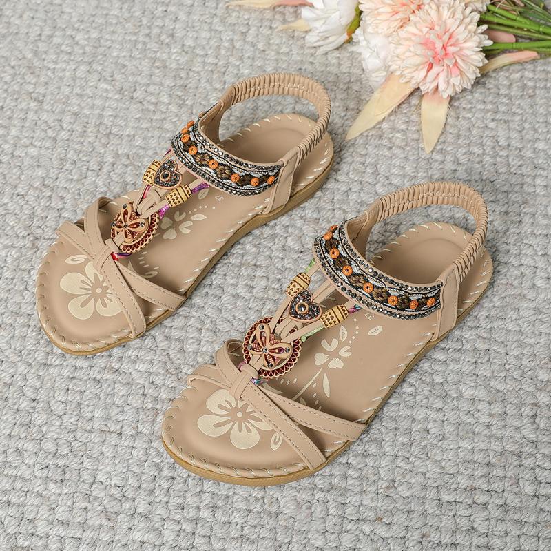 Damen Sandalen Bohemian Große Größe Blumen Strass Sandalen Offene Zehen Strandsandalen 45 beige