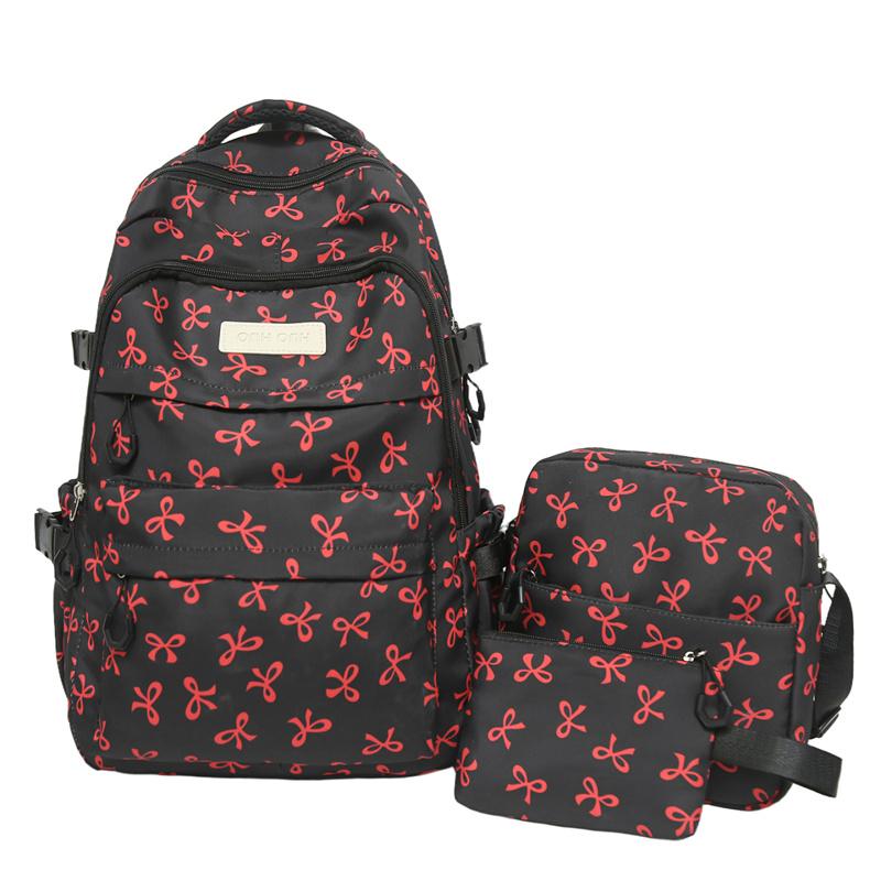 Dreiteiliges Rucksack-Set Damen Schultasche Schleifen-Rucksack Großes Fassungsvermögen Leichter Rucksack schwarz/rot