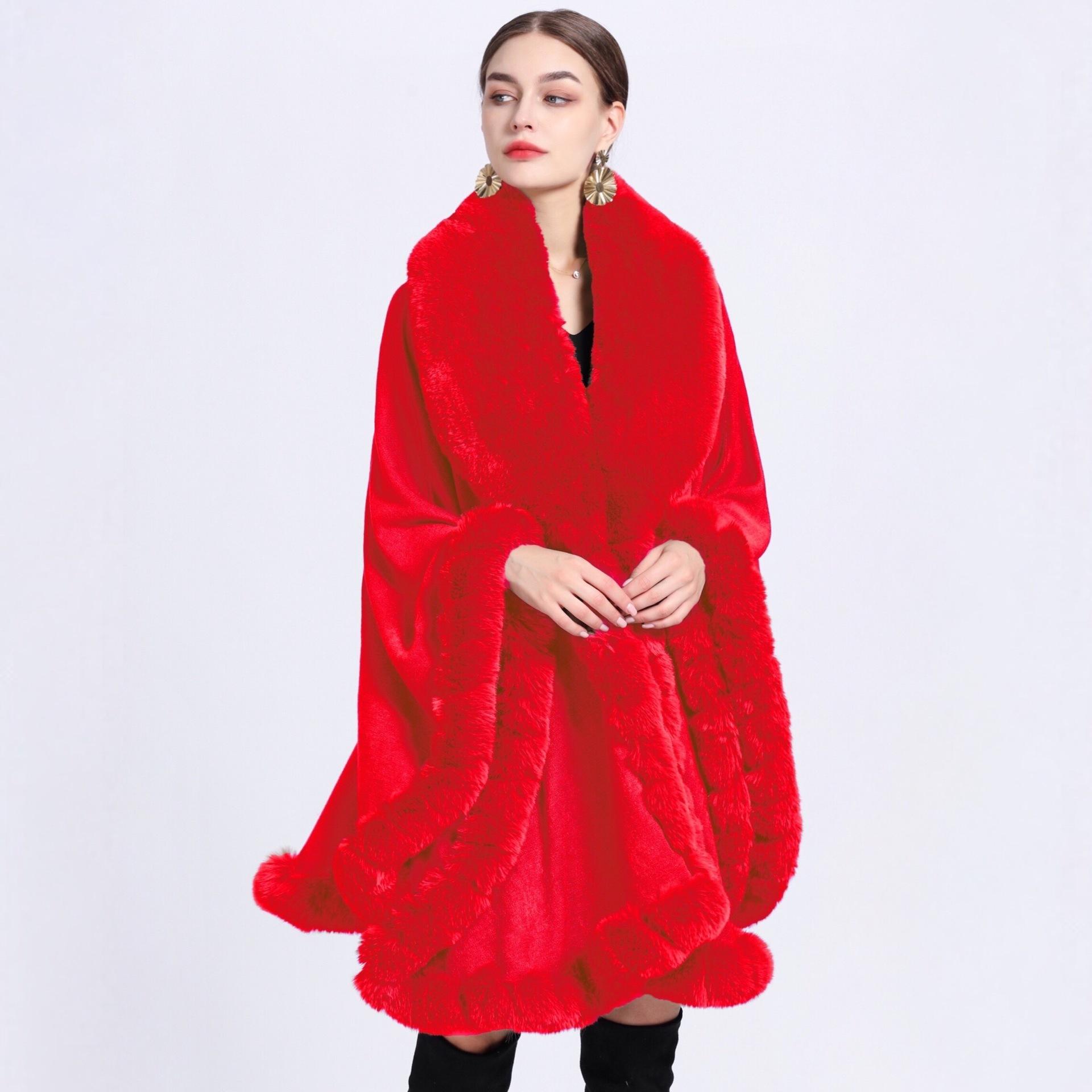 Eleganter V-Revers-Faux-Rex-Kaninchen-Pelz-Mantel-Umhang-Winter-Frauen-großer langer Schal-voller Trim-Pelz-Strickmantel-Mantel-großer Parka One size leuchtend rote