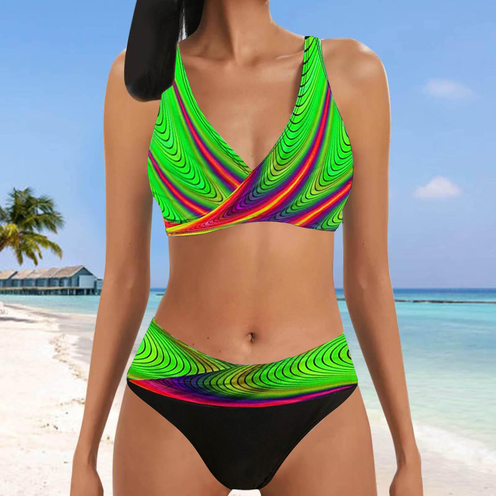 Damen-Bikini-Tankini-Badeanzug mit Neckholder, farbigem Kreis-Print 4XL mintgrün