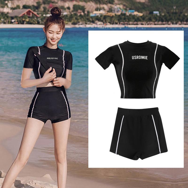 Geteilter Badeanzug Damen Boxer Langarm Sonnenschutz Konservativ Hohe Taille Schlank Sexy Badeanzug Frühling Strand Badeanzug L