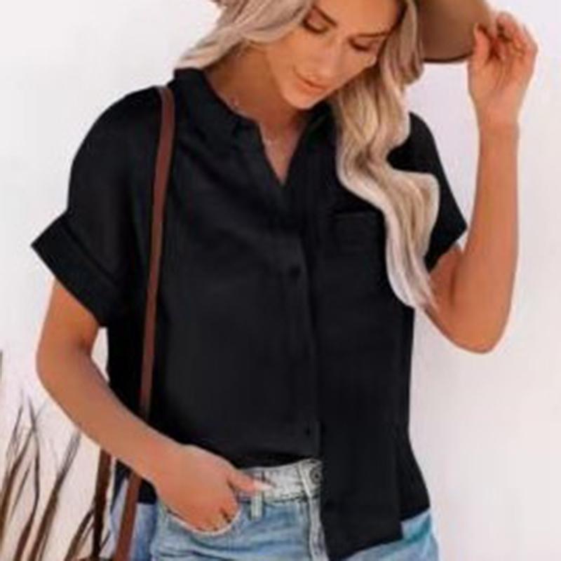 Elegante Blusen für Damen, kurzärmelig, Sommerhemden für Damen, Baumwoll-Leinen-Shirt, kurzärmelige Oberteile für Damen, lässig, 21929 XXL schwarz