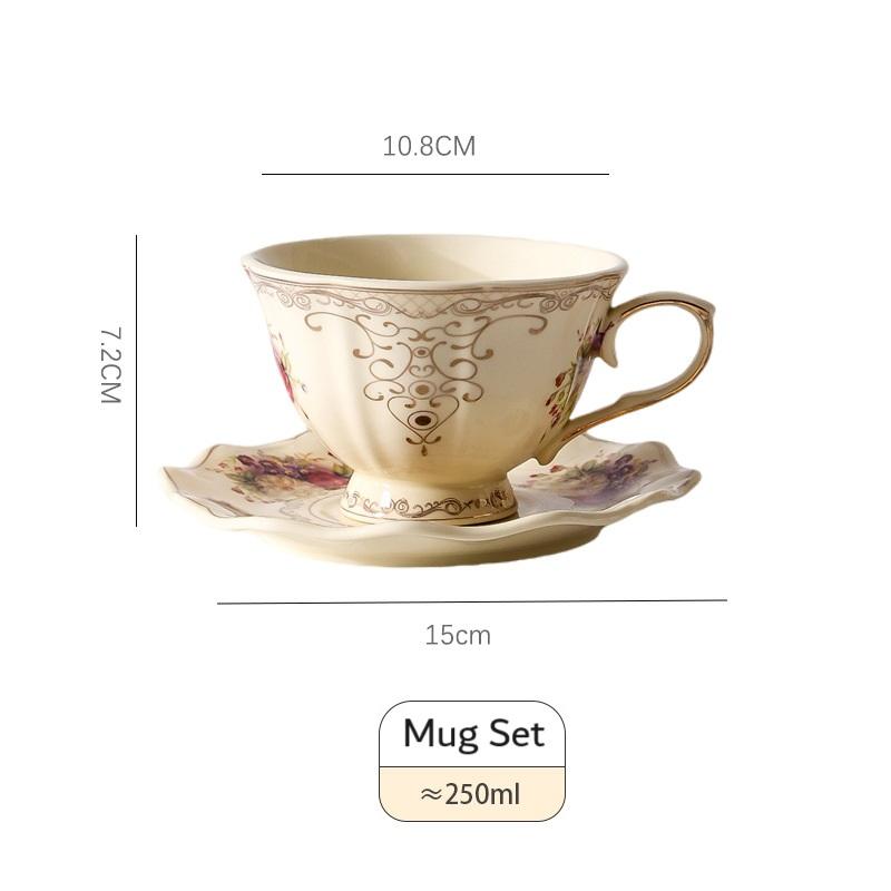 250 ml 8 oz Britisches Blumen-Kaffeetasse und Untertasse, luxuriöse Keramiktasse mit Goldrand und Untersetzer, Vintage-Blumen-Teetassen-Set, 1 Stück 301-400ml beige