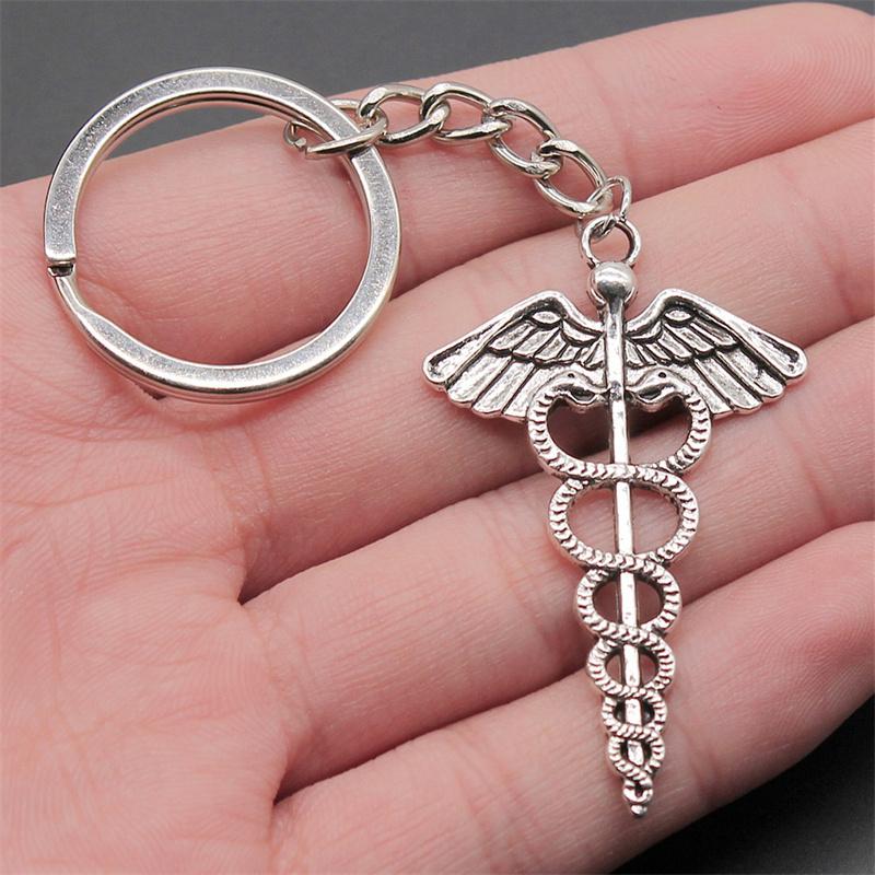 Vintage Caduceus Medizin Symbol Schlüsselanhänger Schlüsselring Auto Schlüsselanhänger Schlüsselhalter Schmuckstück Medizin Absolvent Geschenk Zubehör silber