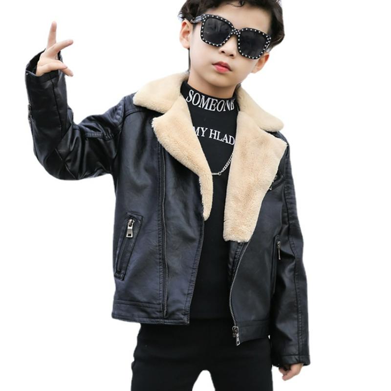 Kinderkleidung Jungen Fleece Leder Winter Koreanischer Stil Revers Pelzkragen Motorradjacke Mantel 150 schwarz