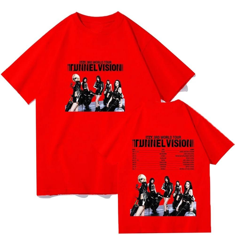 2026 Sommer T-Shirt ITZY 3. Welttournee Print T-Shirt Neue Mode Kpop Herren Damen Streetwear Lässig Atmungsaktives Baumwoll-T-Shirt Rundhals Kurzarm Oberteil XXL red