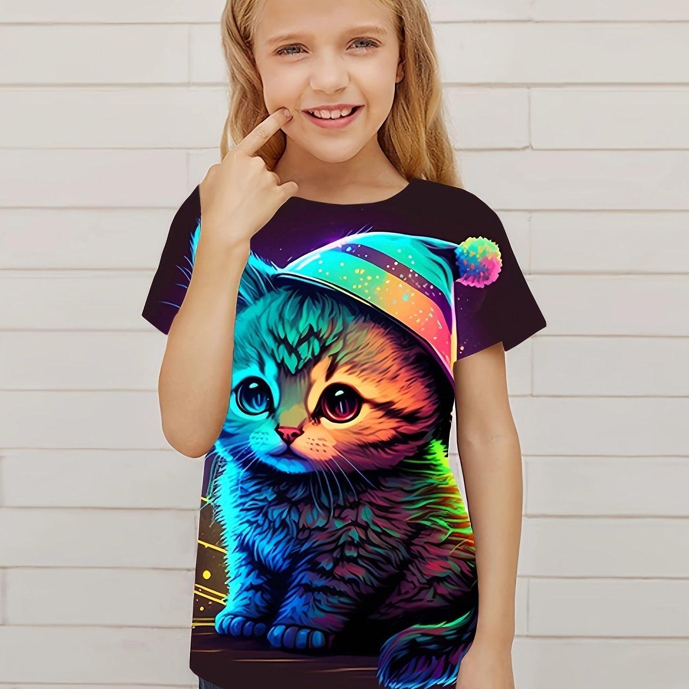 Kinderkleidung Niedlicher 3D-Katzen-Grafikdruck Kurzarmoberteile Kinderkleidung T-Shirt Lässiger Pullover Kind Jungen Mädchen Sommer 110CM