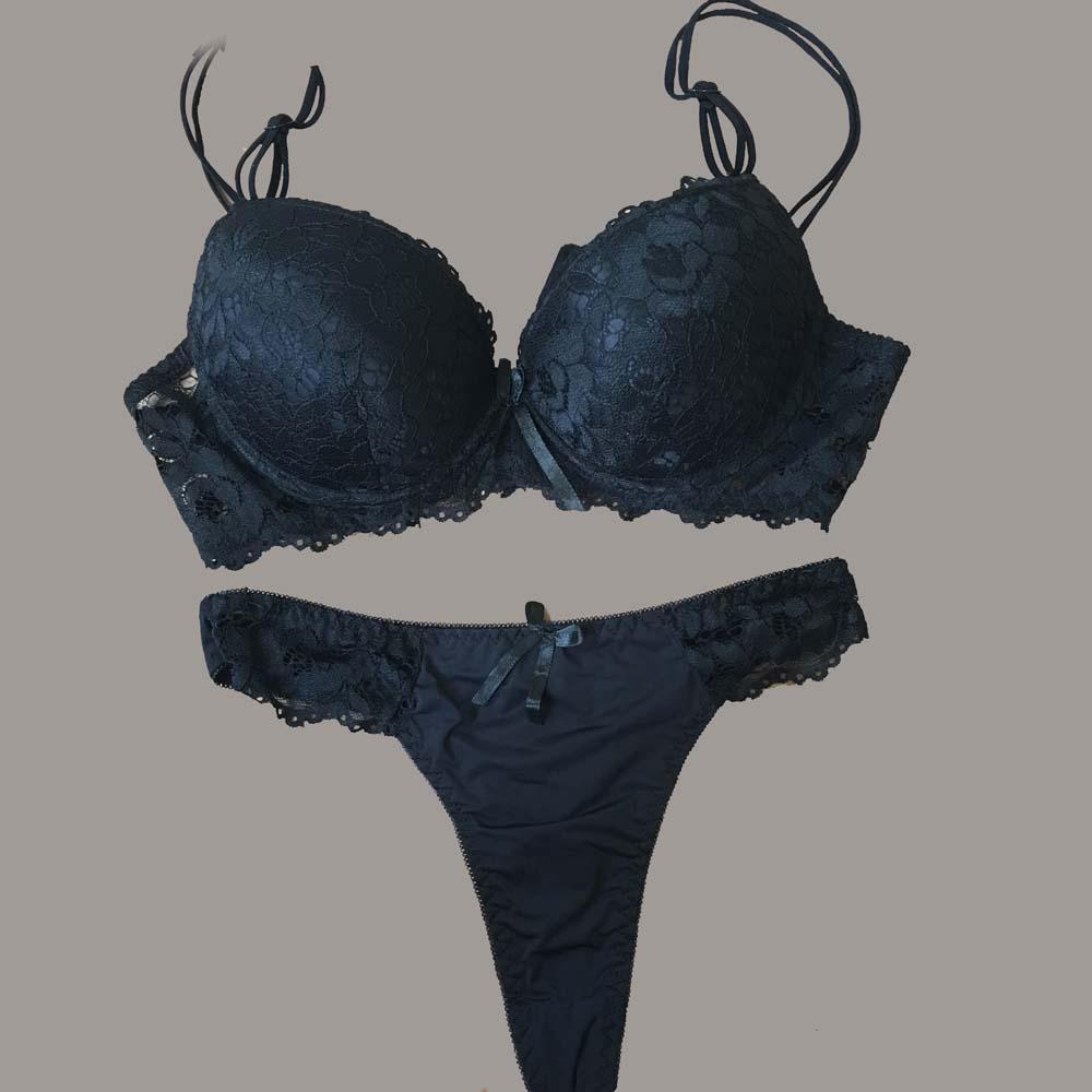Spitzen-BH, Tanga-Set, Push-up-Unterwäsche-Set, Damen-Höschen, hohle Spitze, Dessous-BHs und Höschen-Set 34C schwarz