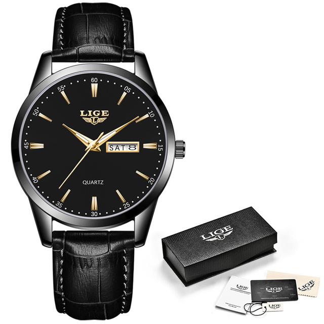 LIGE Top Marke Uhr Männer Leder Business Datum Uhr Wasserdicht Leuchtende Uhren Herren Luxus Sport Wasserdichte Quarz Armbanduhr schwarz