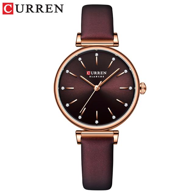 CURREN Damenuhren, neue Top-Marke, Luxus-Quarz-Armbanduhr mit Leder, glänzendem Strass-Zifferblatt, grüne Uhr, weiblich kaffeebraun