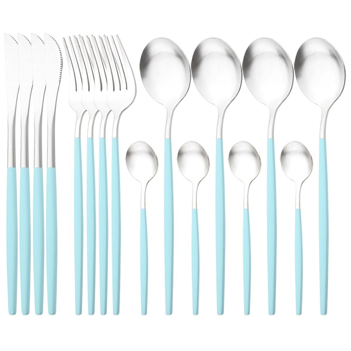 16-teiliges schwarzes Gold-Geschirr-Besteck-Set West-Edelstahl-Geschirr Abendessen Messer Gabel Löffel Besteck Küchenbesteck-Set silber/minze, grüne