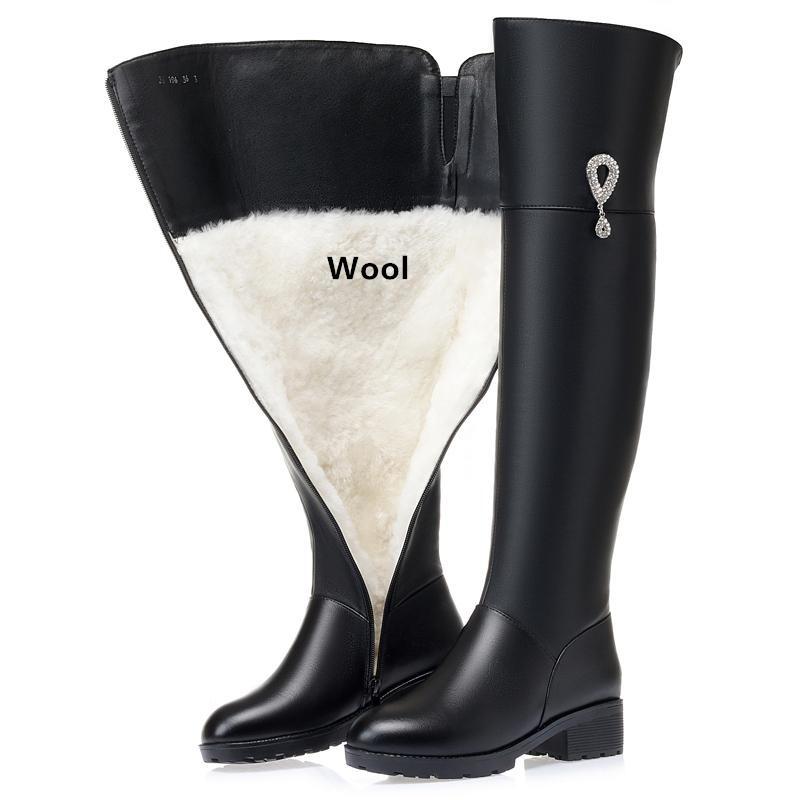 Oberschenkelhohe Stiefel aus echtem Leder für Damen, Winter, lange Stiefel, große Wolle, warme Overknee-Stiefel für Damen 39