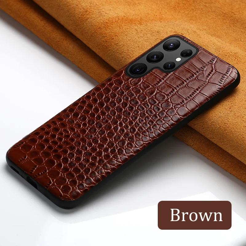 Luxuriöse Echtlederhülle für Samsung Galaxy S25 Ultra Plus S24 S23 Original Krokodiltextur PU Stoßfeste Schutzhülle For Samsung Galaxy S23+ braun