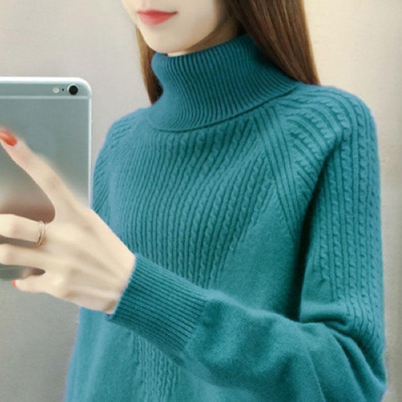 High Neck Pullover Pullover Frauen 2023 Lose Herbst/Winter Frauen Unterlage Langarm Solide Strick Pullover Pullover Weibliche One Size see-blaue