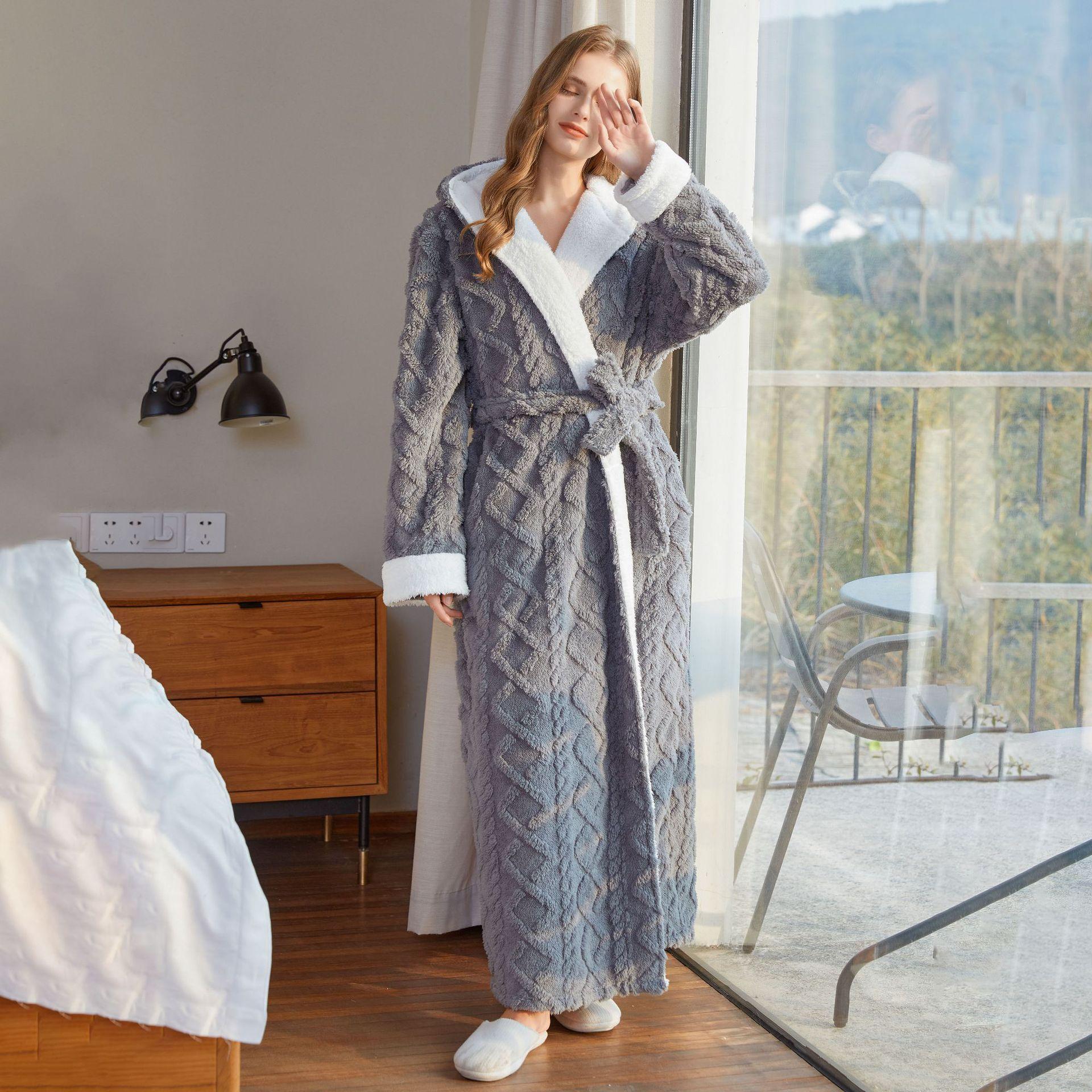 Lockerer, langer, dicker Bademantel mit Kapuze für den Winter, dicker Bademantel für Damen, Flanell-Frottee, warm, bequem, Nachtwäsche für Damen XL grau