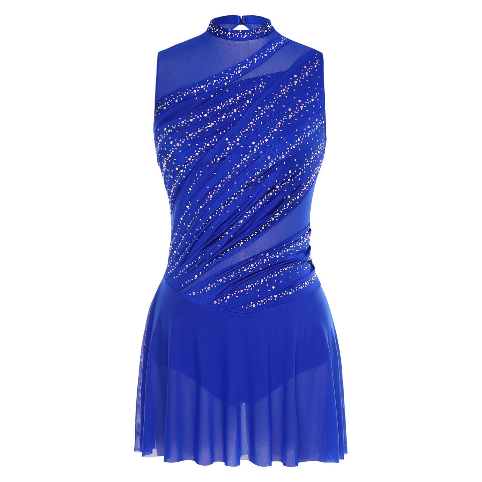 Damen Gymnastik Kunstturnen Eiskunstlauf Ballett Lyrischer Tanz Turnanzüge Kleid Strasssteine Eingebauter Schritt Knöpfe Slips Kleid L königsblau