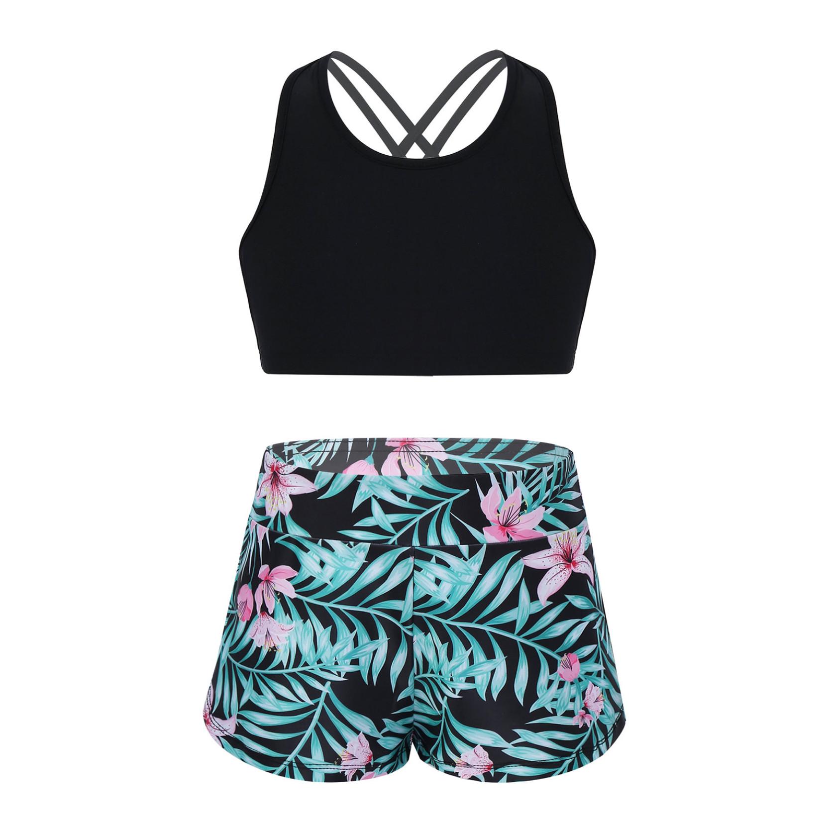 Kinder Mädchen bedrucktes Rash Guard Tankini Sport Crop Top + Badeshorts Badeanzug Strandbadebekleidung 13-14 Years schwarz/grün