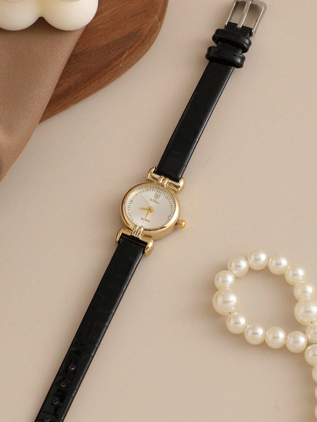 Quarzuhr Damen PU Leder Dünnes Armband Armbanduhr Damenuhren Einfarbig Mode Damengeschenk Uhr Relojes Para Mujer schwarz