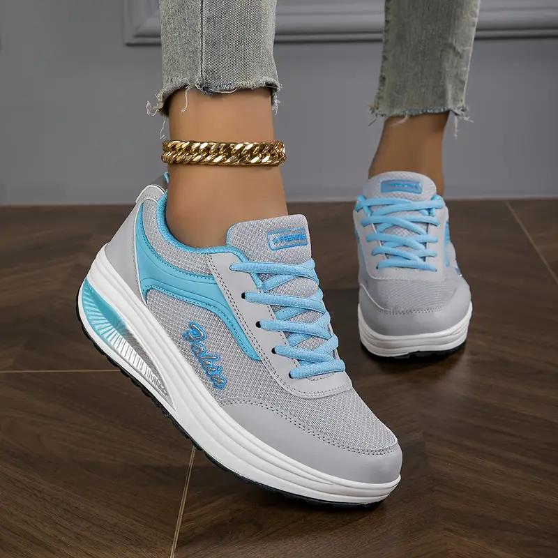 Damen-Wedge-Rocker-Sneaker, lässige, höhenvergrößernde Low-Top-Sneaker zum Schnüren, bequeme Plateauschuhe zum Gehen 38 blau