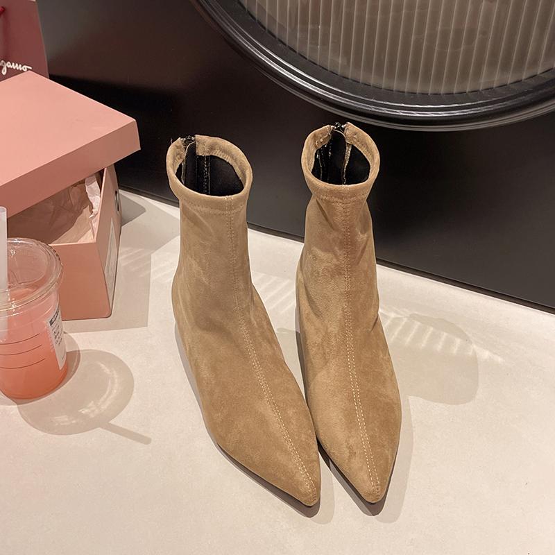 Mode Neu Frühling Herbst Mode Spitz Zehen Elastisch Schlank Damen Stiefeletten Design Interne Erhöhung Stripper Party Kurze Stiefeletten 38 khaki