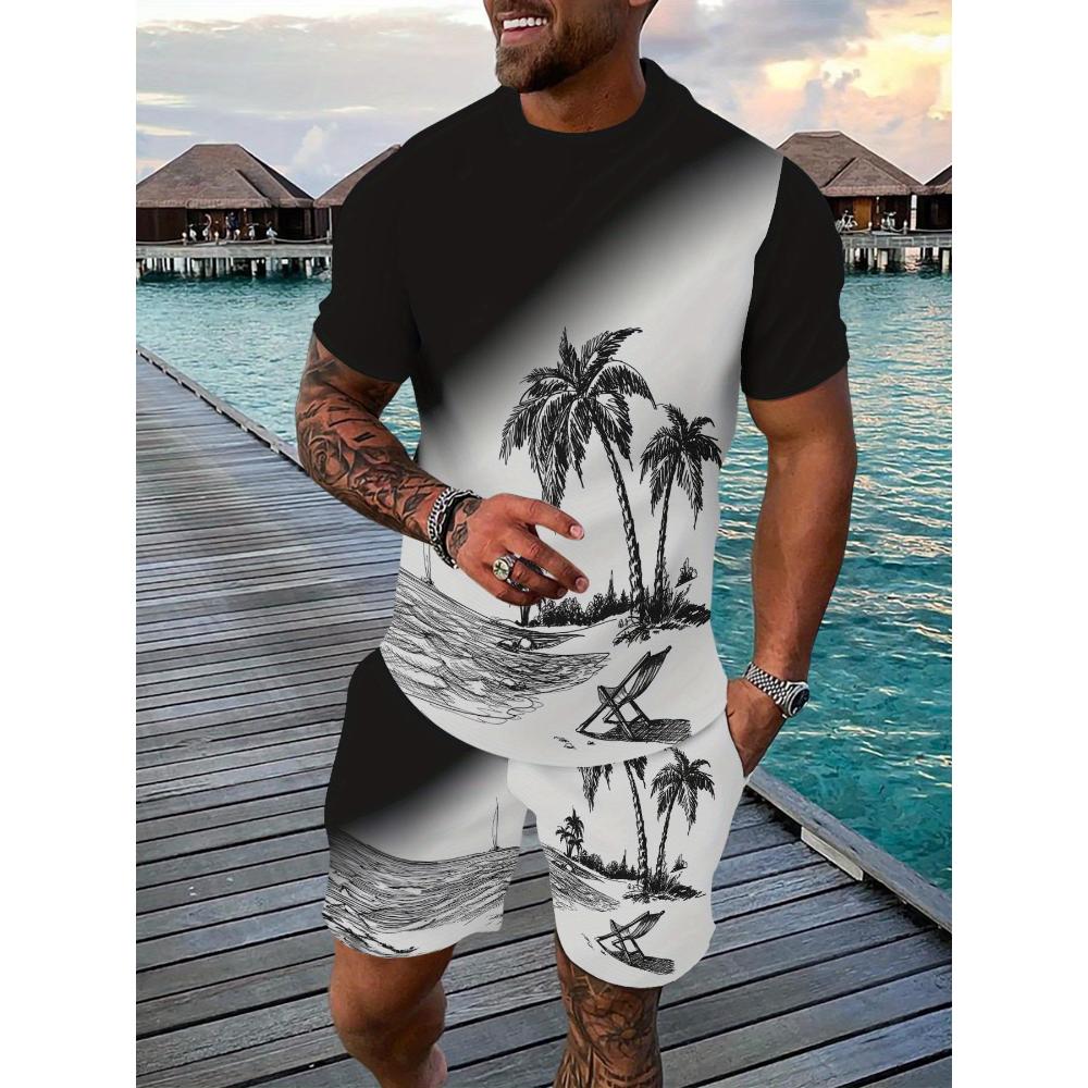 Hawaiian Style 3D-gedrucktes Herren-T-Shirt und Shorts-Set für den Sommer, jeden Tag, kurze Ärmel, Outdoor-Strand, lässige Herren-Shorts S
