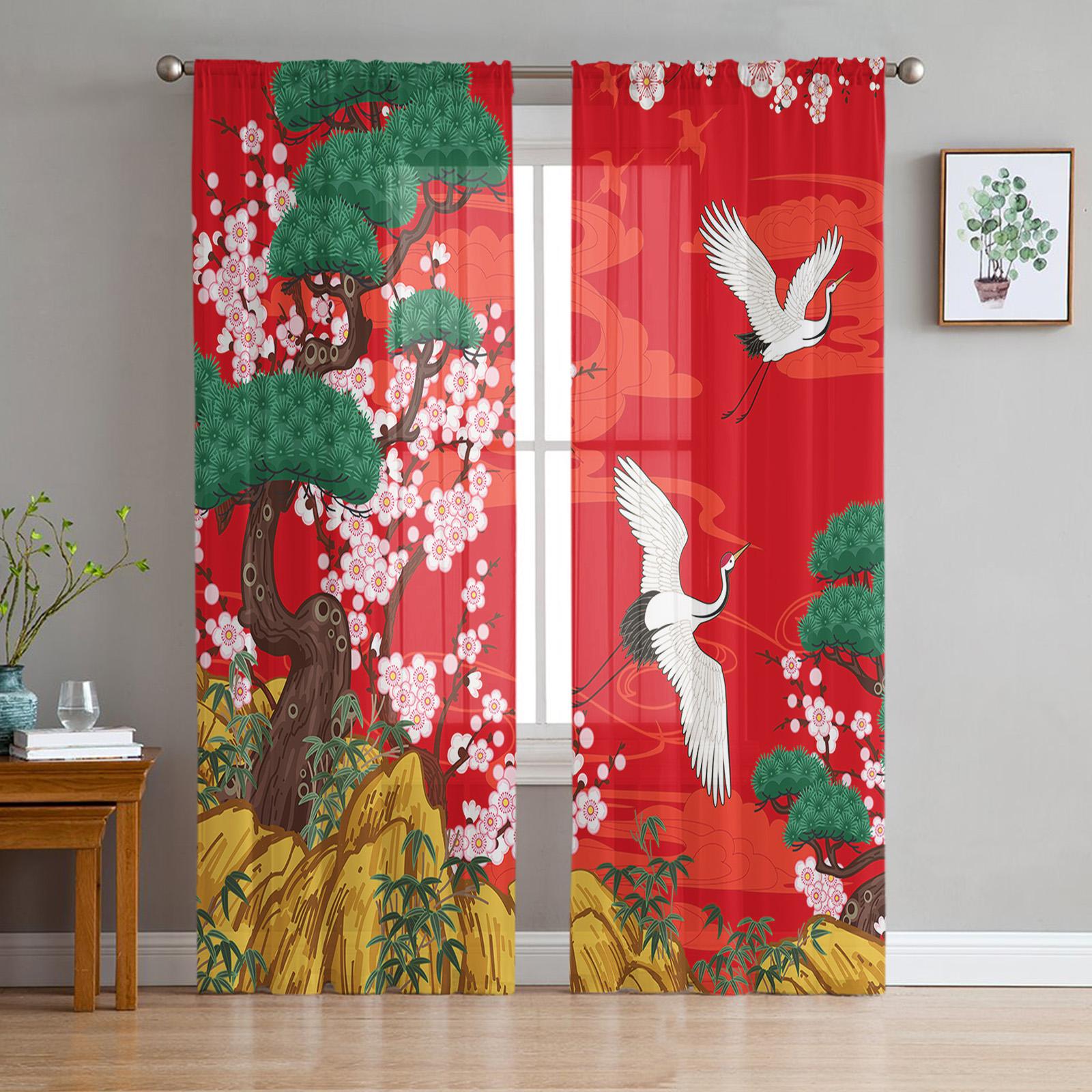 Japanischer Stil Sakura Kirschblüte Rosa Blume Transparente Vorhänge Wohnzimmer Dekoration Fenster Vorhang Küche Tüll Voile Vorhänge W135 x H137cm x2&Grommet Top