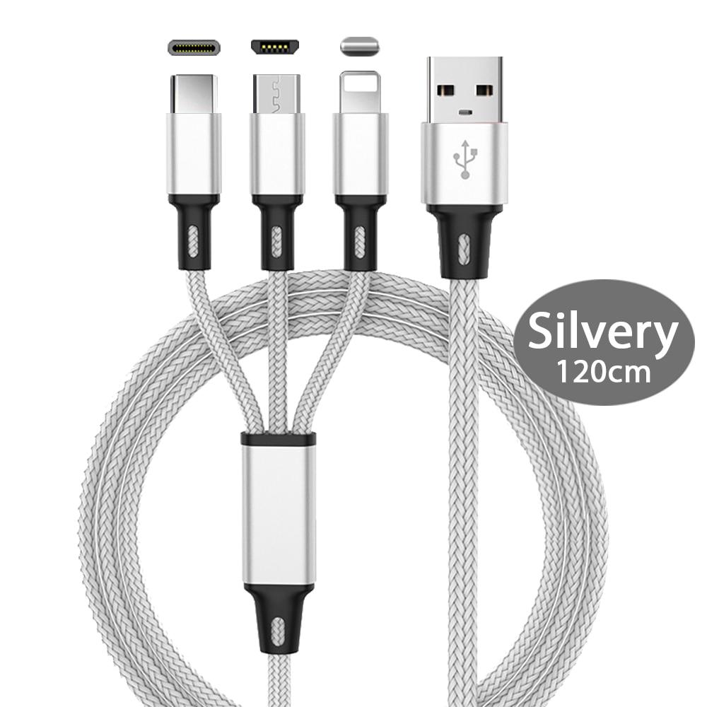 3-in-1-Schnellkabel für Mobiltelefon-Schnellladegerät, Micro-USB-Kabel, Typ C, Android-Ladekabel für iPhone, drei Datenladekabel silber