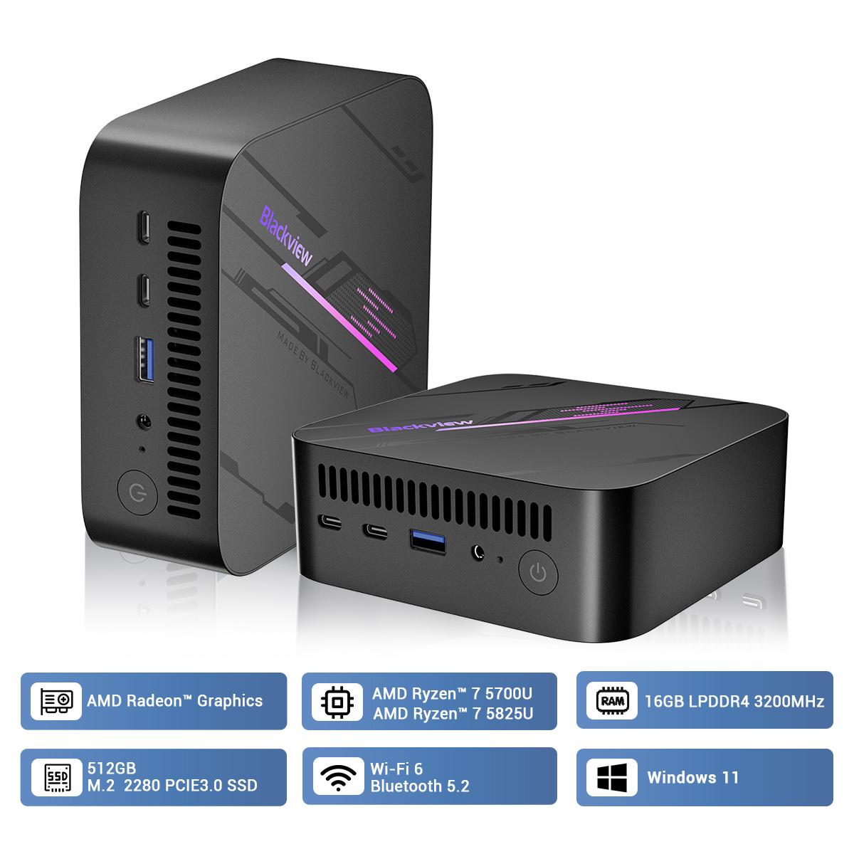 Blackview MP100 Mini-PC AMD R7 5700U 8-Core 16-Thread-Mini-PC 16 GB/32 GB DDR4 512 GB/1 TB SSD Mini-Computer-PC 16GB+512GB schwarz