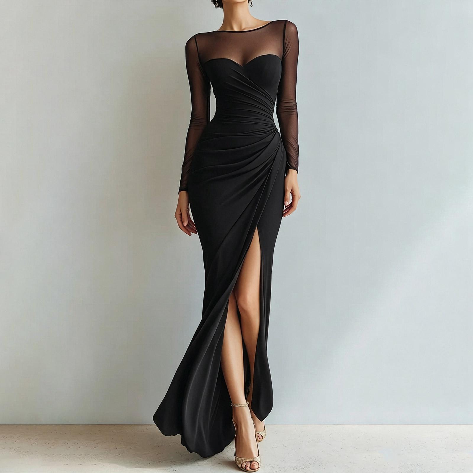 Damen Durchsichtiges Netz Langarm Plissiert Hoher Schlitz Bodycon Abendkleid für Hochzeitsgast Cocktailparty XXL schwarz