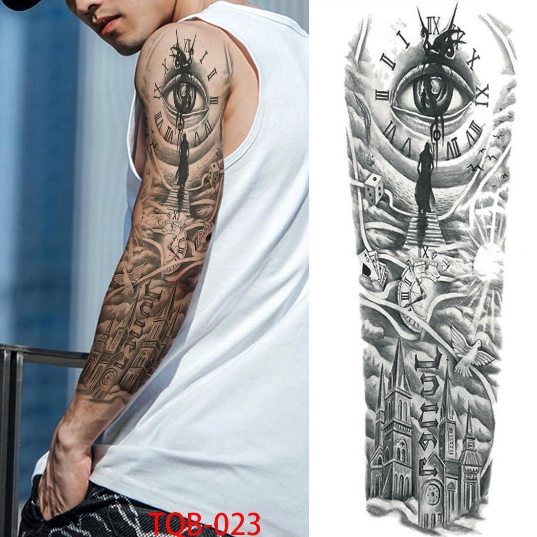 1 STÜCK 480*170 MM Temporäre Tattoo-Ärmel Für Männer Frauen Super Großer Kompass Wolfskopf Auge Gefälschte Löwengott Feder Tattoo Vollen Arm Tattoo Aufkleber TQB-023