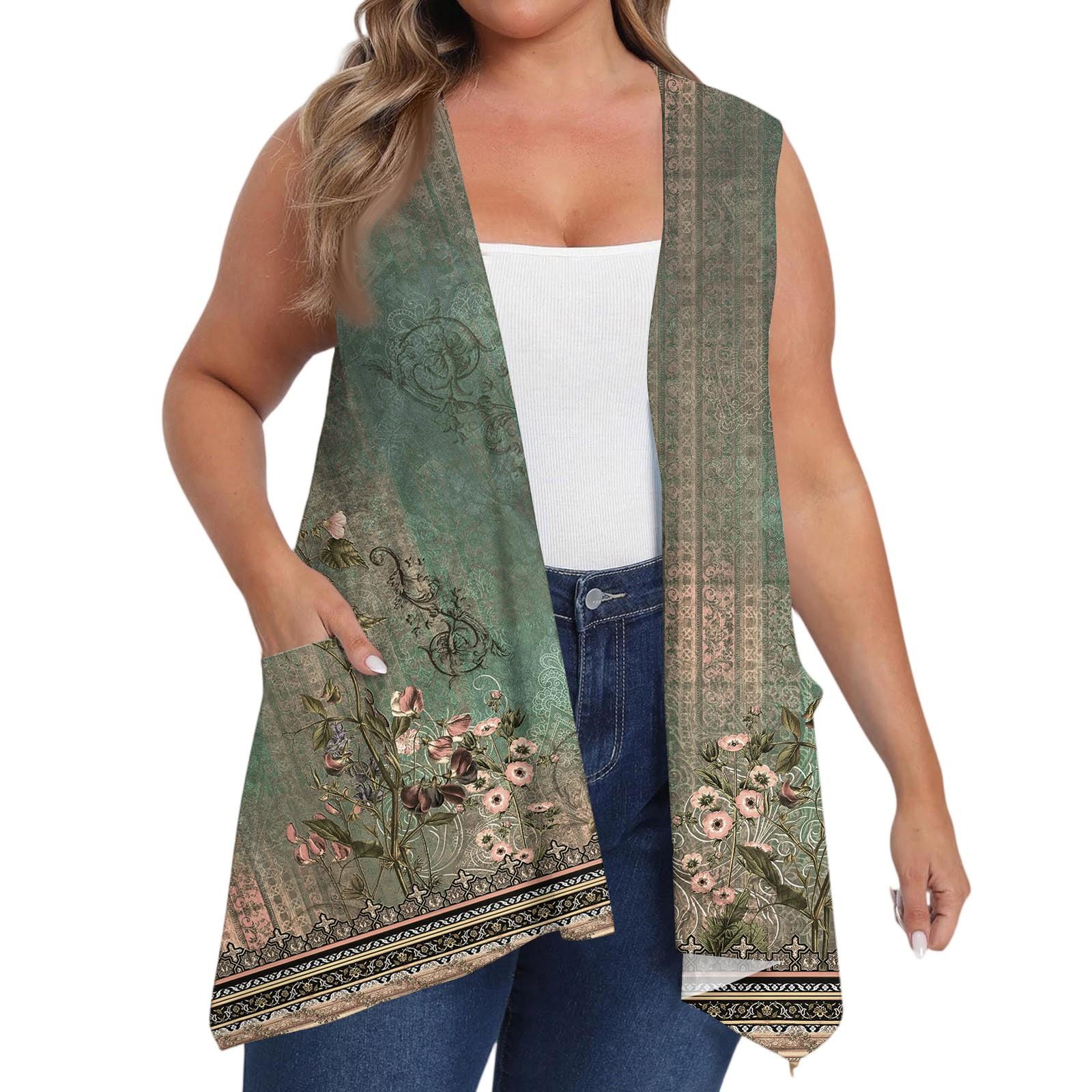 Damen Übergröße Locker Lässig Bedruckt Ärmellos Weste mit Tasche Strickjacke Jacke Strickjacke Jacke XXXXXL hellgrüne