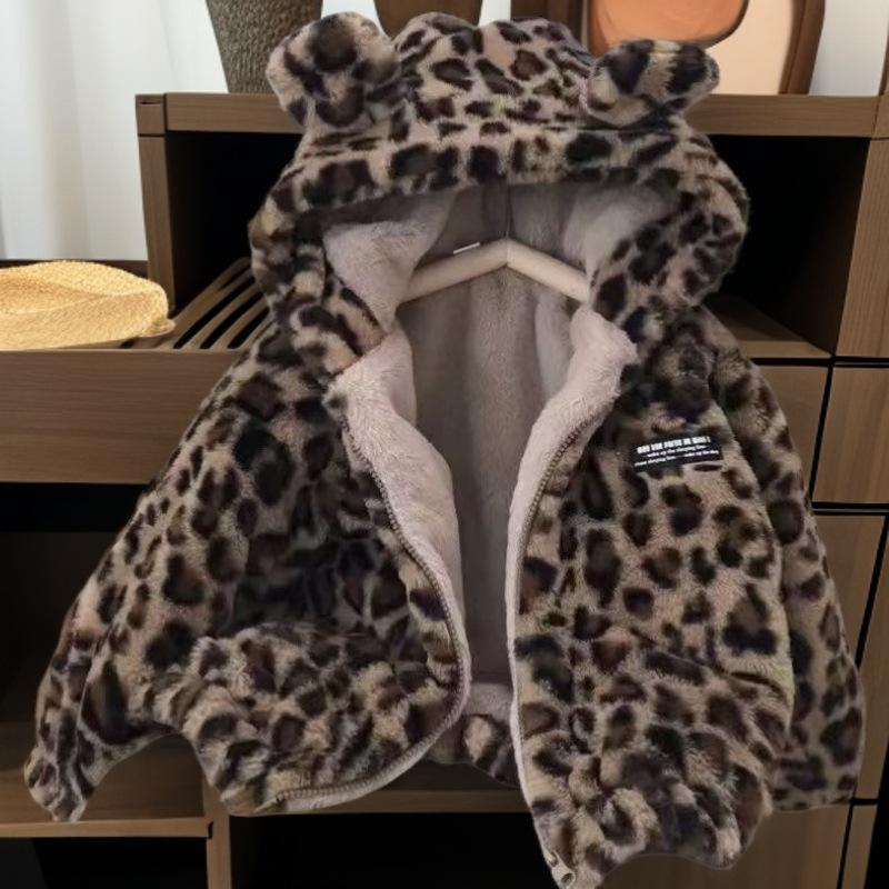 Jungen verdickter Fleece-Mantel mit Leopardenmuster Kinder warme Plüsch-Winterjacke Baby modische Baumwoll-wattierte Oberbekleidung 80 gray