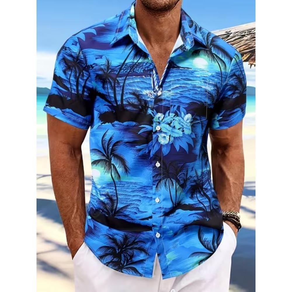 Herren Hemd mit Kokospalmenmuster 3D-Druck Hemd mit Knöpfen Freizeithemd Sommerhemd Kurzarm Tägliche Urlaubsbekleidung 2XL navy blau