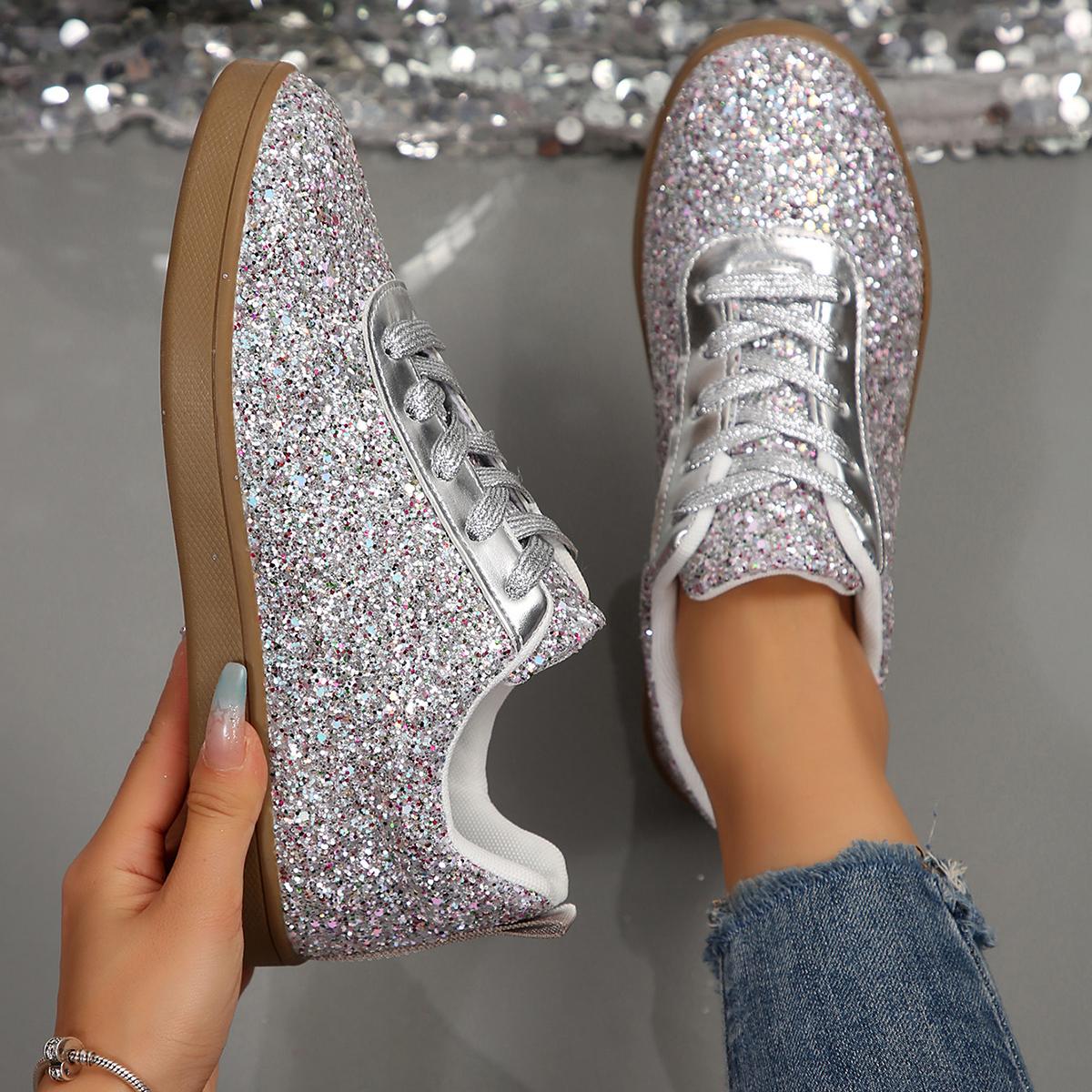 Mode Damen Flache Sneaker Mesh Schnürer Plateau-Sneaker Übergröße Mode Outdoor-Sneaker Frau Lässig Bling Vulkanisierte Schuhe Damen 38 silber