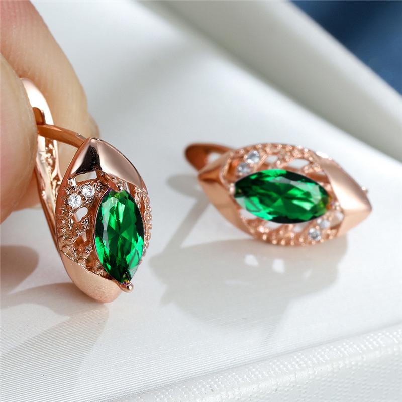 Roségoldfarbene Marquise-Schliff-Ohrringe, Lila, Rosa, Blau, Aqua-Kristall, Hakenohrringe, Geburtsstein-CZ-Tropfen-Ohrringe, hohle Blatt-Ohrringe grün