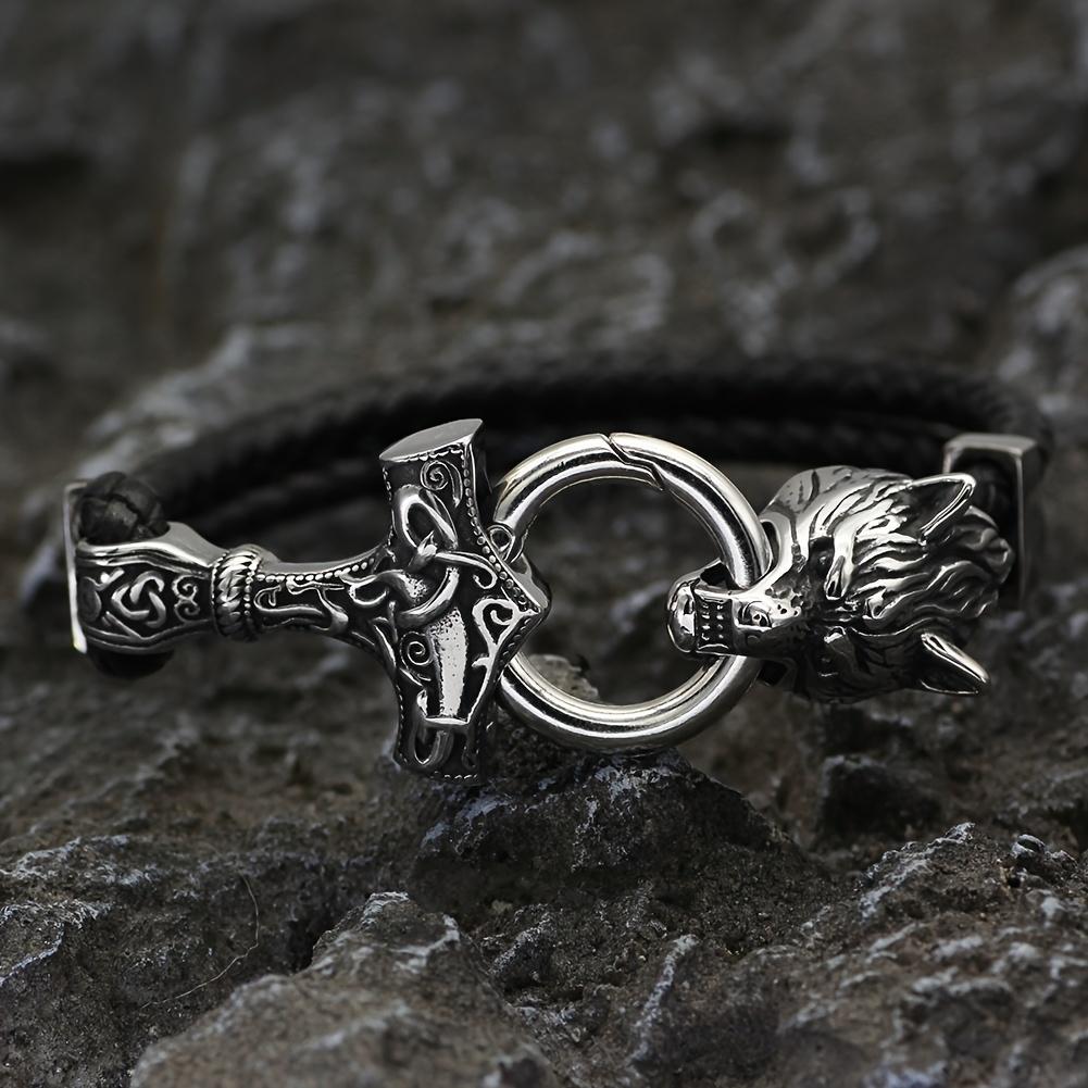 1 Stück Wikinger Wolfskopf Thor Hammer Armband, Wikinger Herrenschmuck, Wikinger Wolfskopf Armband, Wikinger Schmuck Geschenk silber