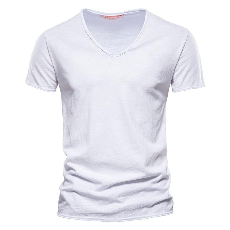 AIOPESON Sommer 100% Baumwolle Elastizität T Shirt Männer Casual Weiche Fitness Shirt Männer T Shirt Tops T Shirts V-ausschnitt kurzarm T-shirt Männer 3XL weiß