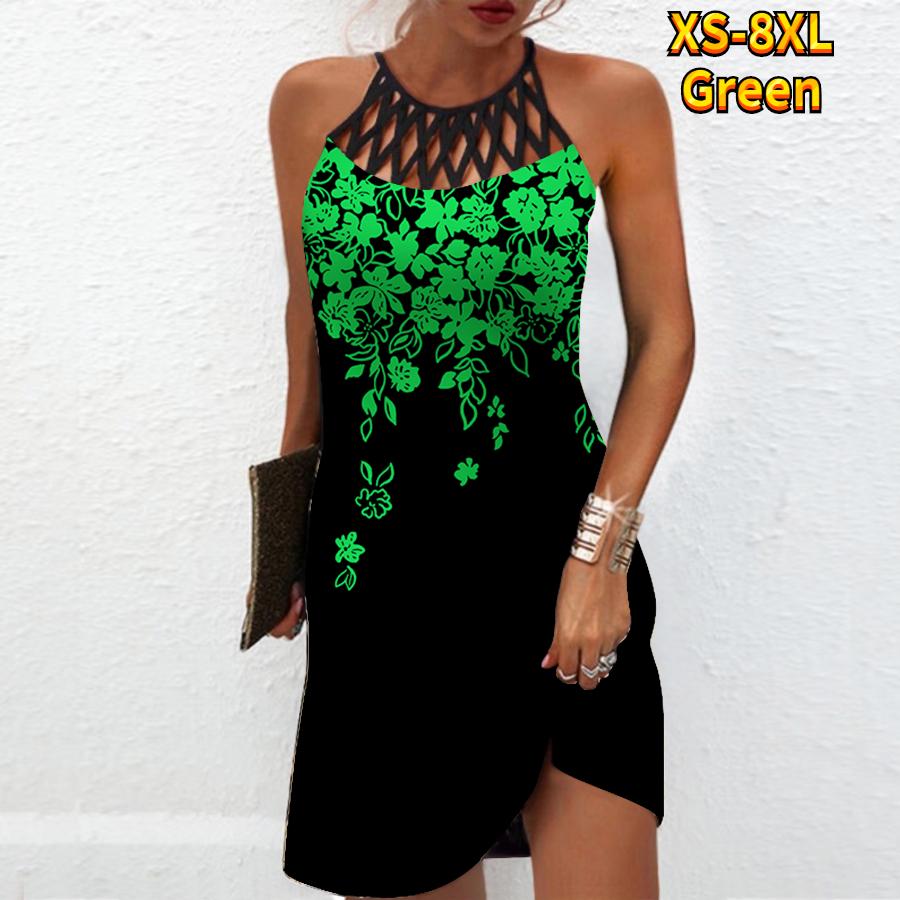 Sommer Mode Sexy Ärmelloses Kleid Weiche Casual 3D Weiß Blumen Print Kleid Ärmelloses Sling Kleid Sommer Hosenträger Kleid 2XL grün