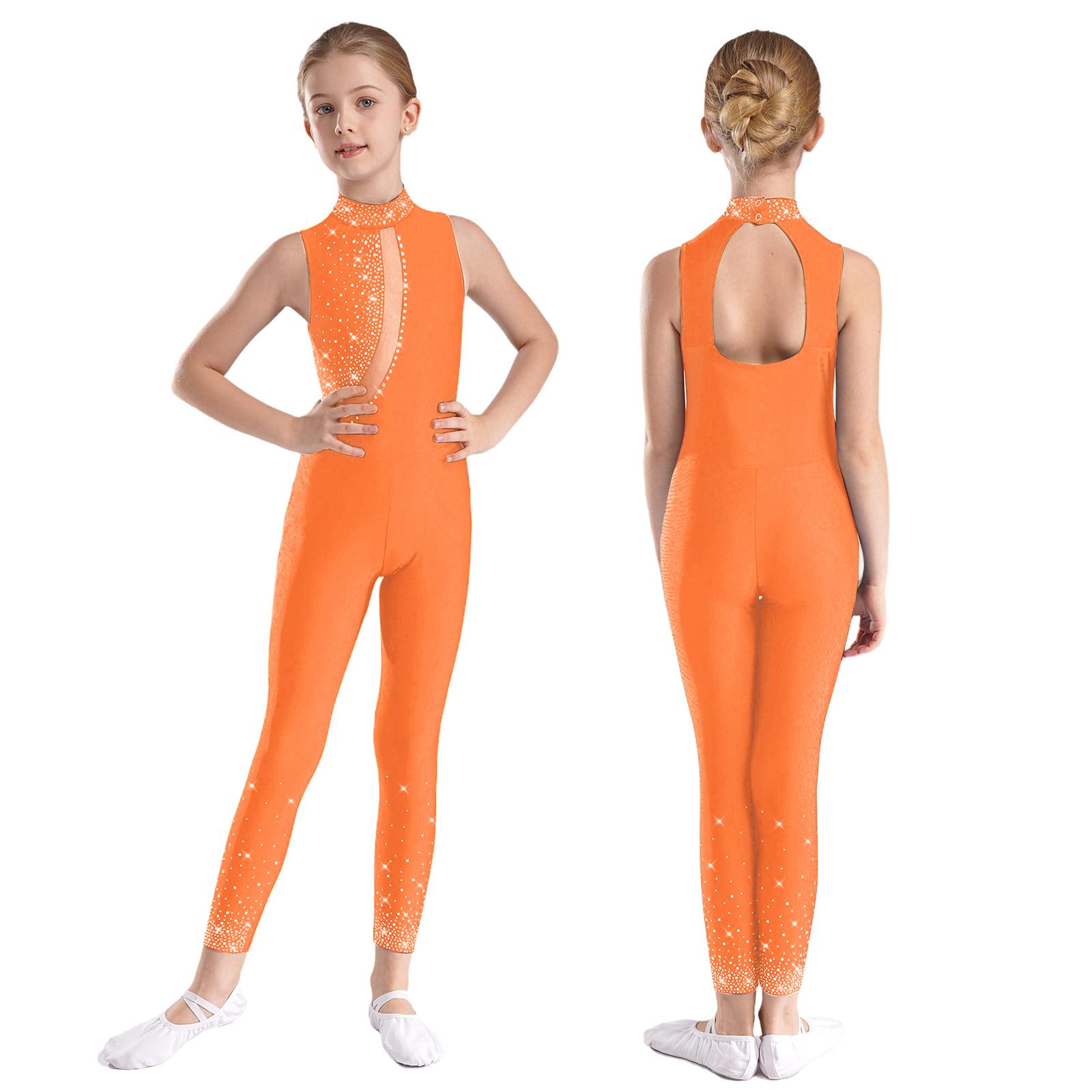 Kinder Mädchen Ärmelloser Eiskunstlauf Ganzkörperanzug Jumpsuit Ballett Tanz Gymnastik Turnanzug Tank Strass Tank Unitard Kostüm 11-12 Years orange